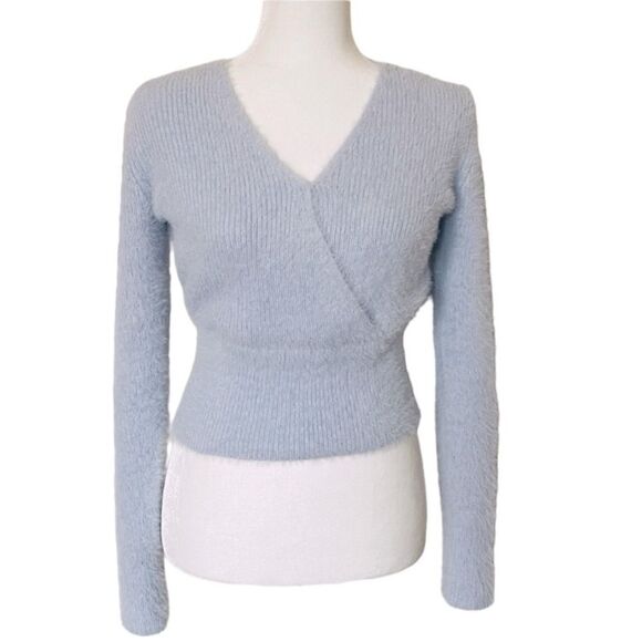 Pink Rose SZ Medium Ice Blue Babydoll Eyelash Fuzzy Sweater Cropped Ribbed Waist - Picture 3 of 11